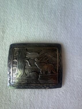 Engraved Elk Scene Metal Belt Buckle - Silver-Tone original sterling  around 30g